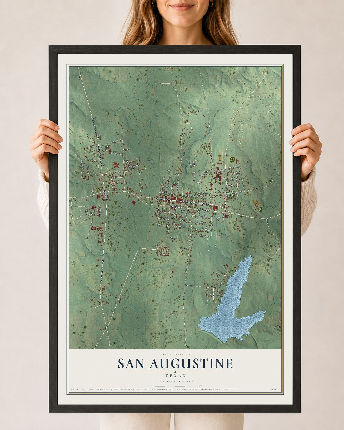 Map of San Augustine, Texas, 24 x 36 inch print in a black wood frame