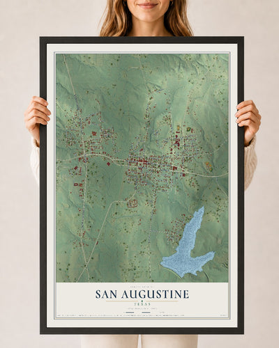 Map of San Augustine, Texas, 24 x 36 inch print in a black wood frame