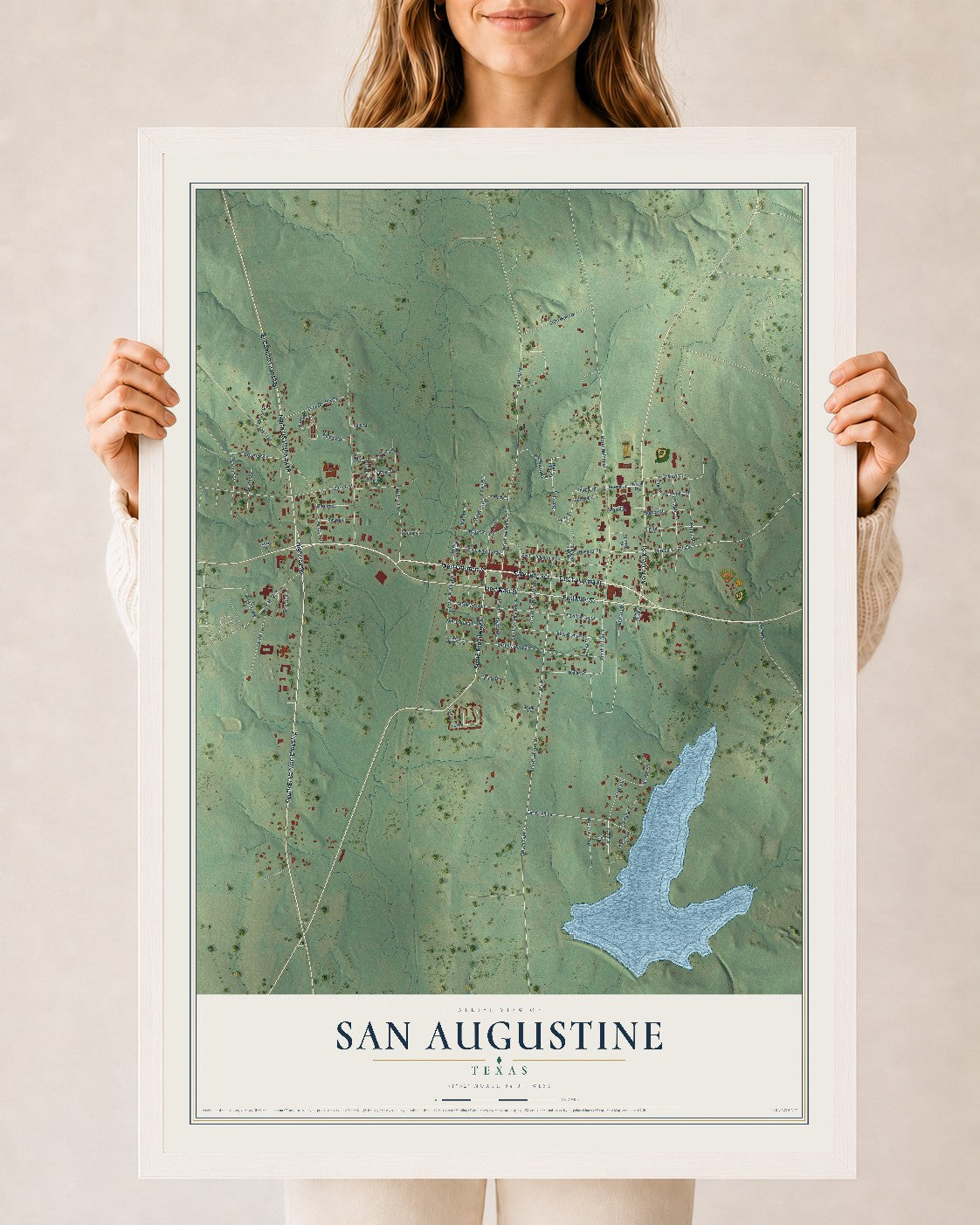 Map of San Augustine, Texas, 24 x 36 inch print in a white wood frame