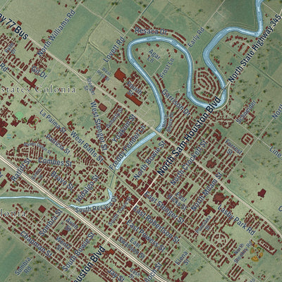 Close-up of the map of San Benito, Texas print showing street and building detail