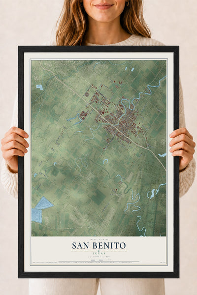 Map of San Benito, Texas, 18 x 24 inch print in a black wood frame