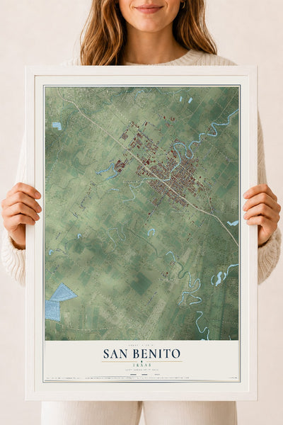 Map of San Benito, Texas, 18 x 24 inch print in a white wood frame