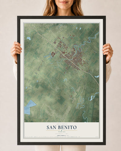 Map of San Benito, Texas, 24 x 36 inch print in a black wood frame