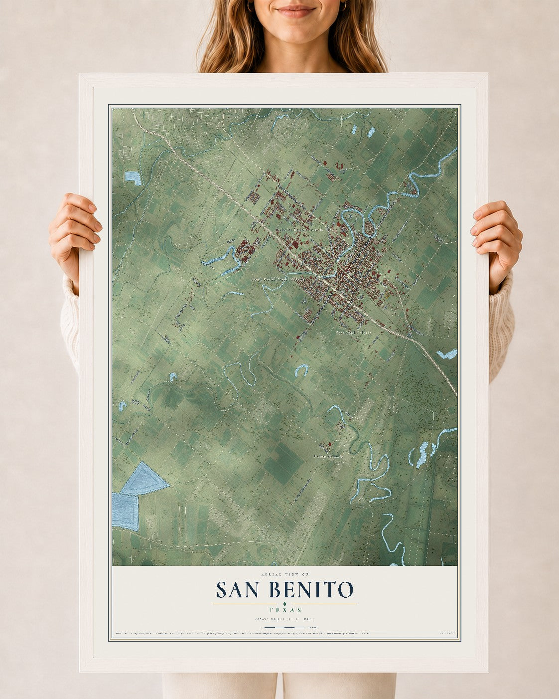 Map of San Benito, Texas, 24 x 36 inch print in a white wood frame