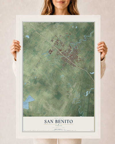 Map of San Benito, Texas, 24 x 36 inch print in a white wood frame