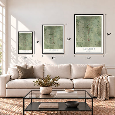 San Carlos II, Texas map in 12 x 18, 18 x 24 and 24 x 36 inch sizes above a sofa