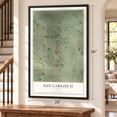 San Carlos II, Texas map, 24 x 36 inch print in a black frame by a staircase