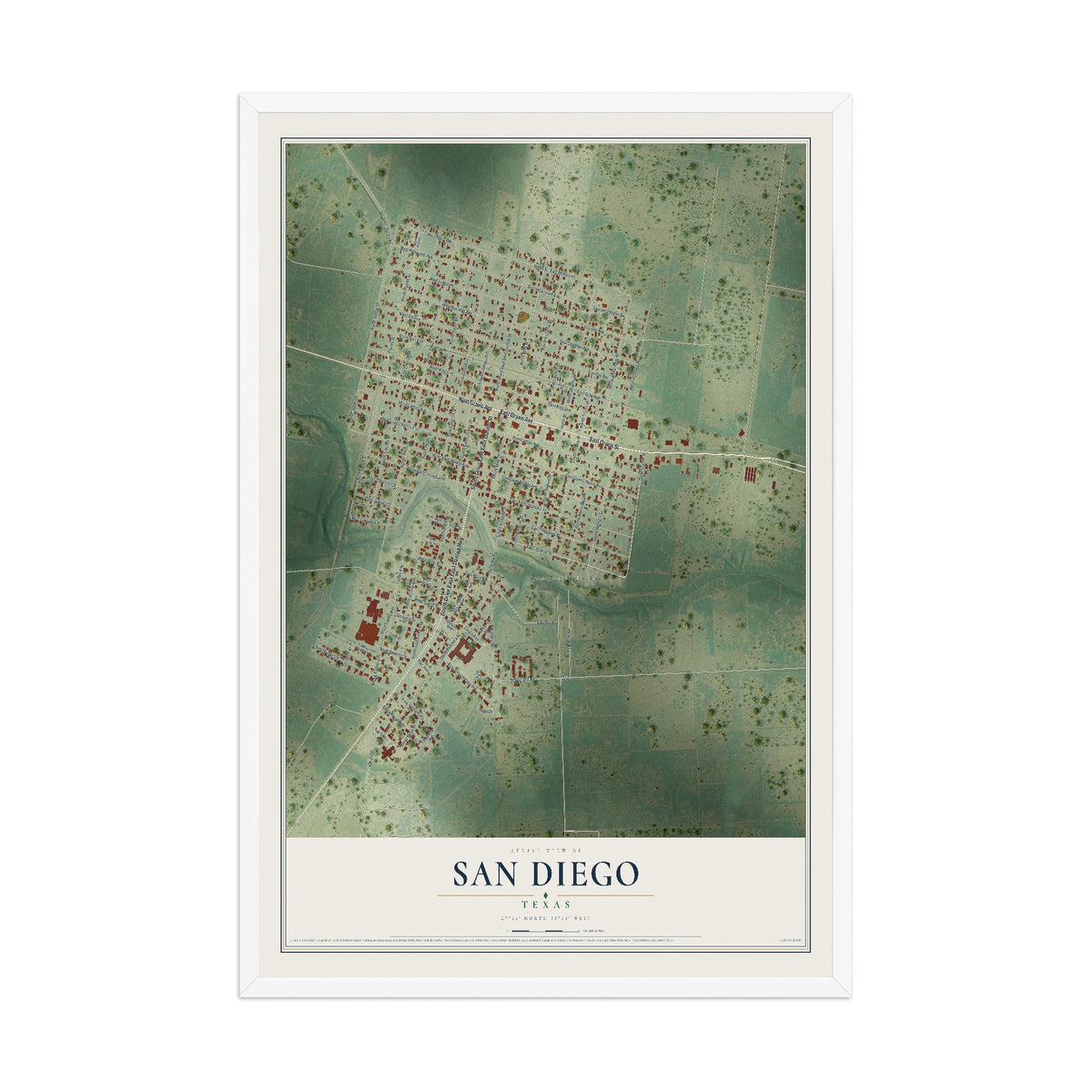 Map of San Diego, Texas, 12 x 18 inch print in a white wood frame