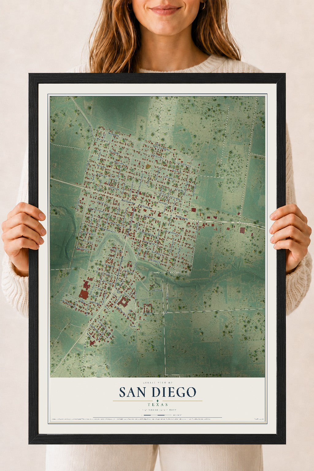 Map of San Diego, Texas, 18 x 24 inch print in a black wood frame