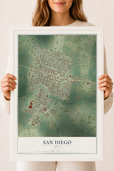 Map of San Diego, Texas, 18 x 24 inch print in a white wood frame