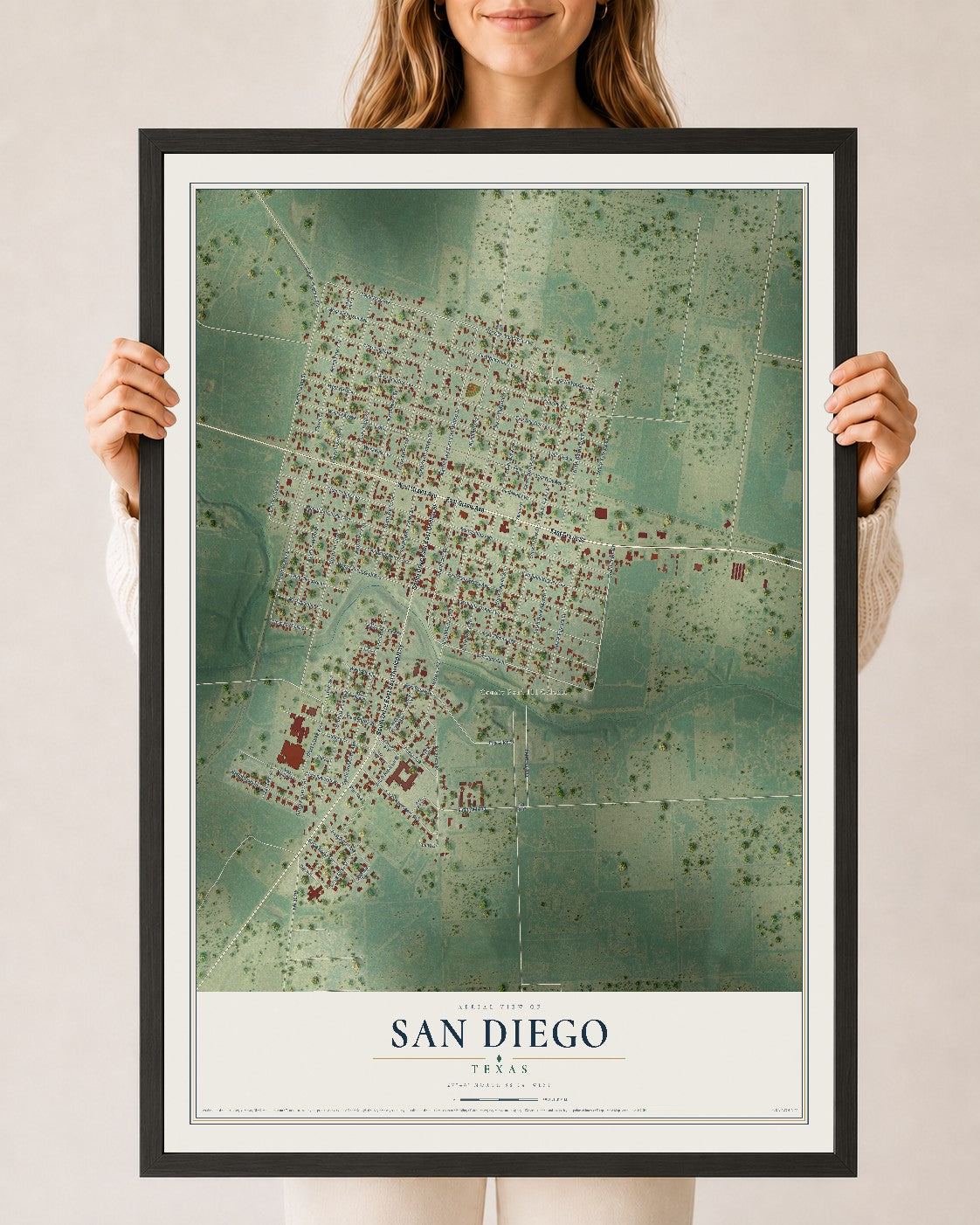 Map of San Diego, Texas, 24 x 36 inch print in a black wood frame