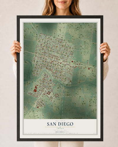 Map of San Diego, Texas, 24 x 36 inch print in a black wood frame