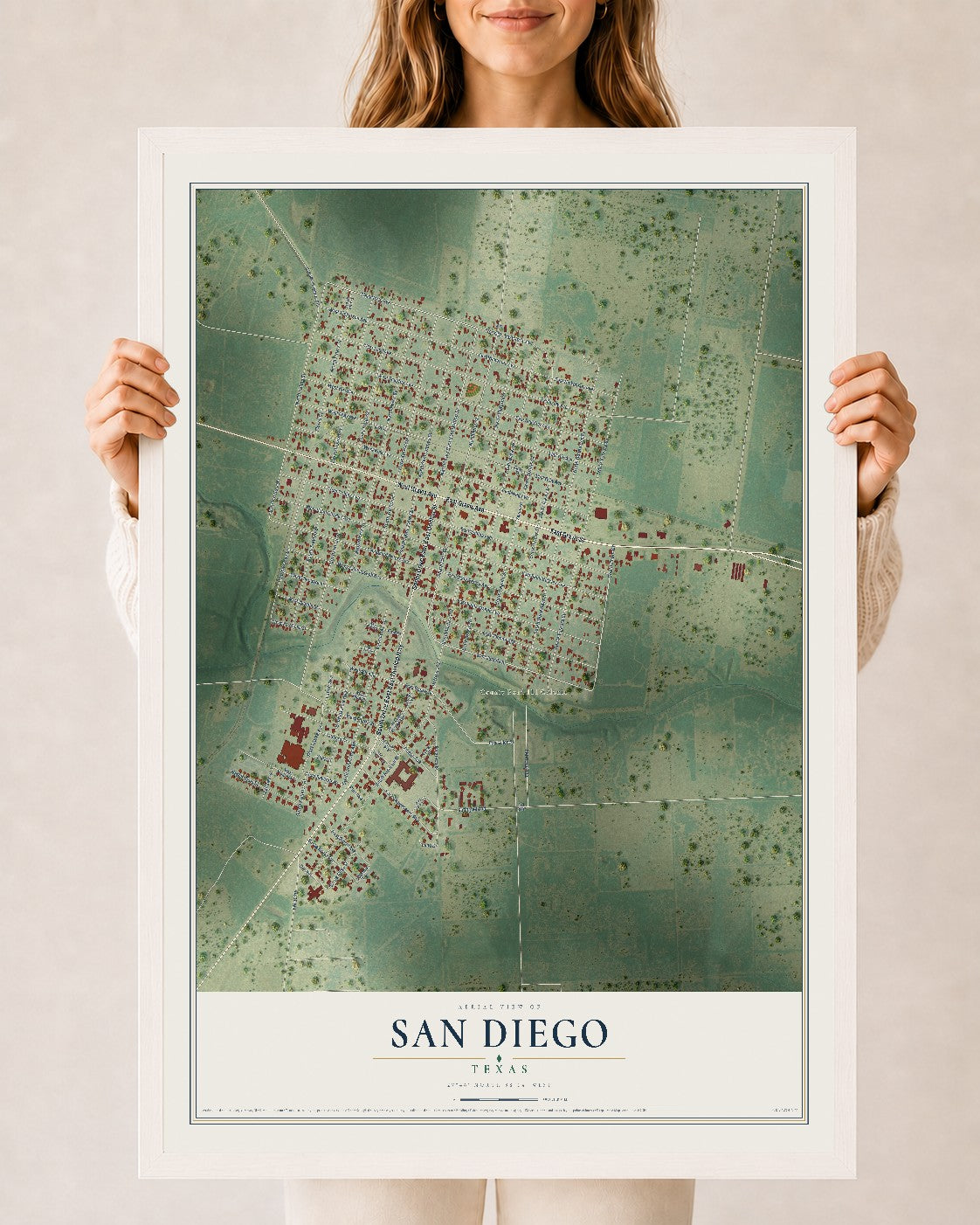 Map of San Diego, Texas, 24 x 36 inch print in a white wood frame