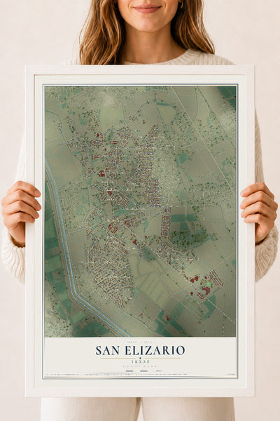 Map of San Elizario, Texas, 18 x 24 inch print in a white wood frame