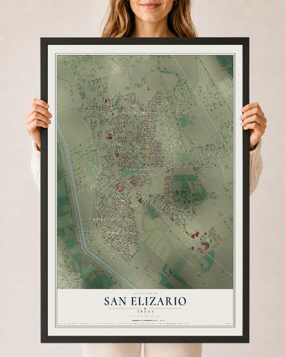 Map of San Elizario, Texas, 24 x 36 inch print in a black wood frame