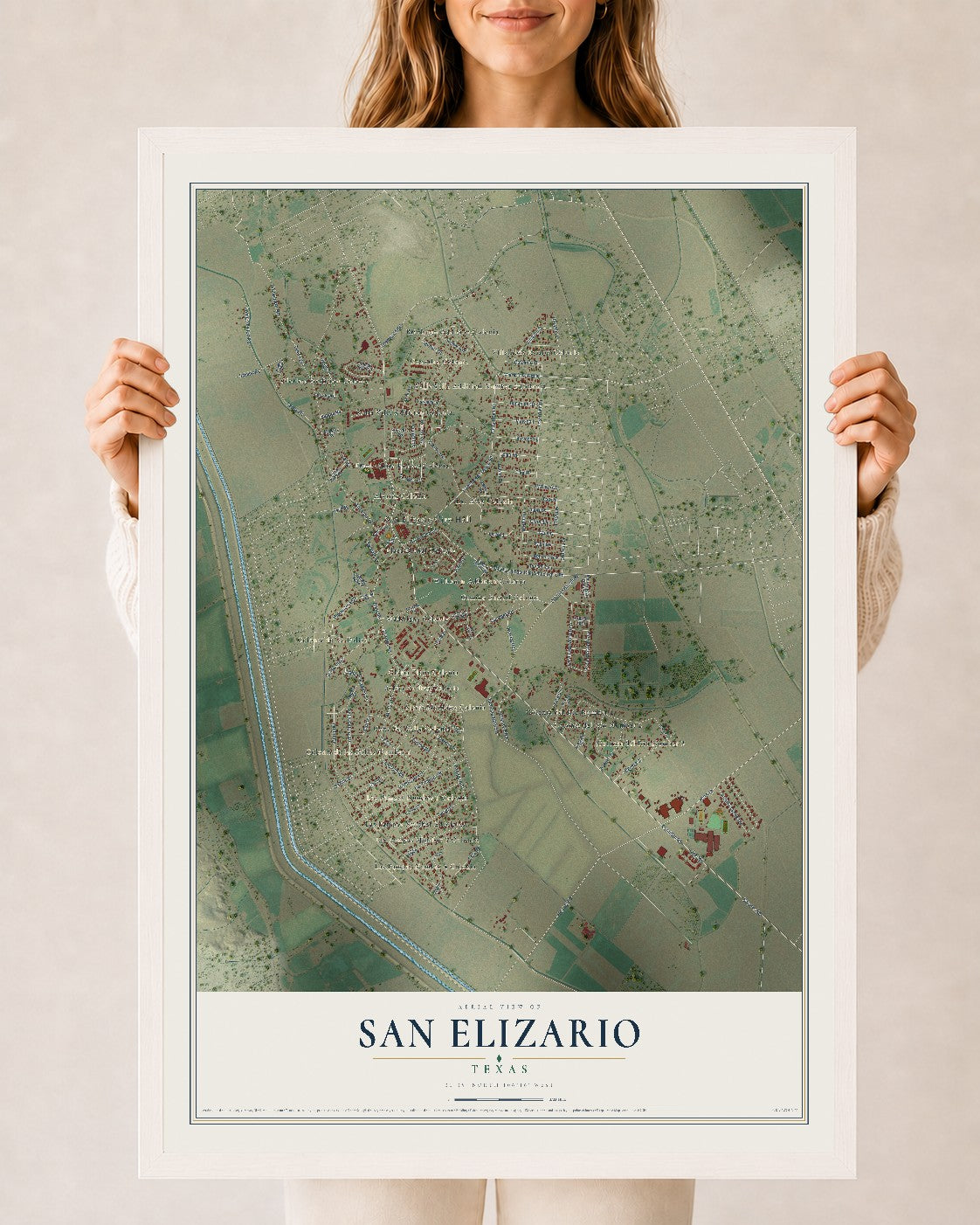 Map of San Elizario, Texas, 24 x 36 inch print in a white wood frame