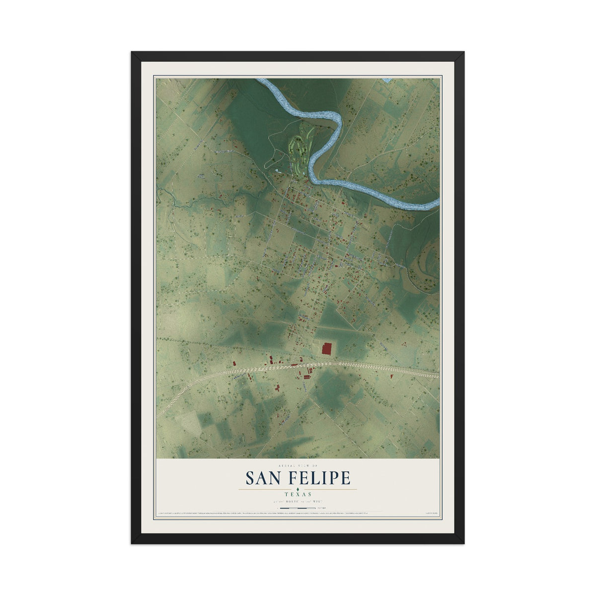 Map of San Felipe, Texas, 12 x 18 inch print in a black wood frame