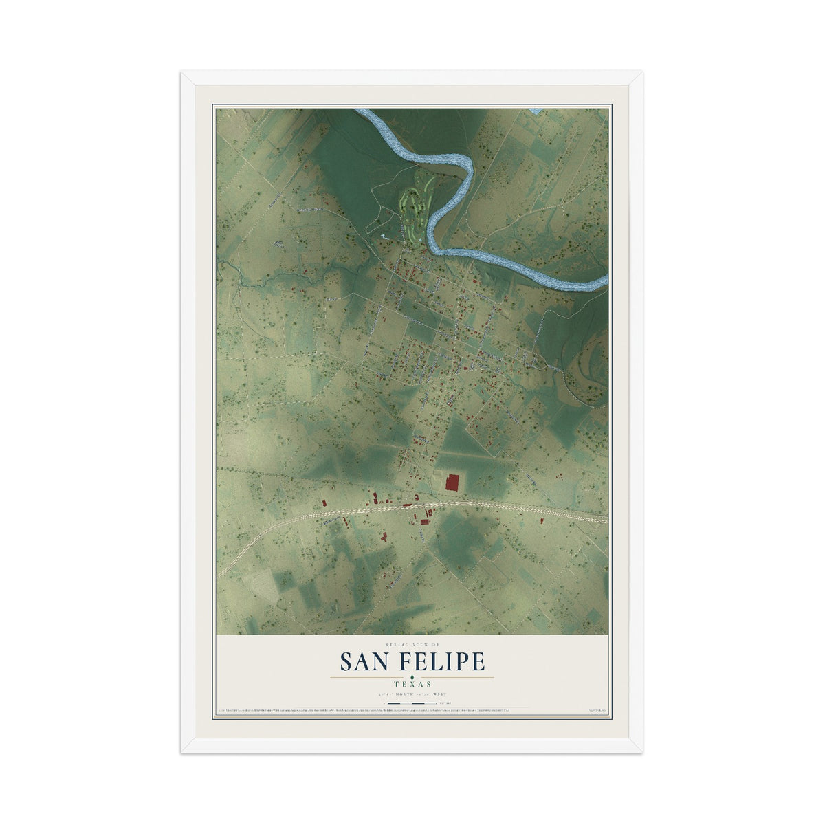 Map of San Felipe, Texas, 12 x 18 inch print in a white wood frame