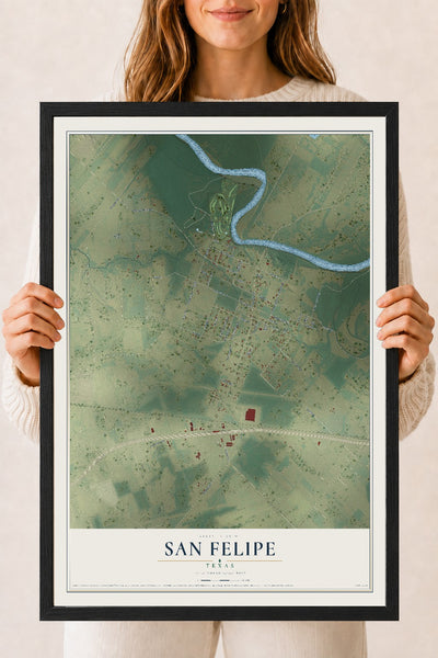 Map of San Felipe, Texas, 18 x 24 inch print in a black wood frame
