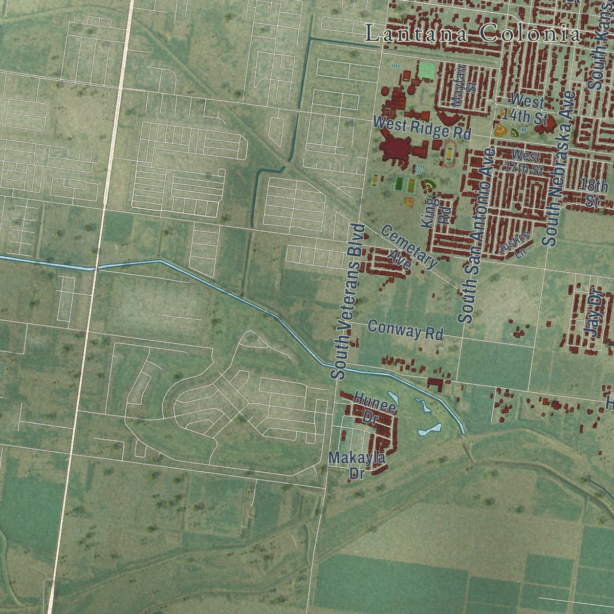 Second close-up of the map of San Juan, Texas print showing more streets and buildings