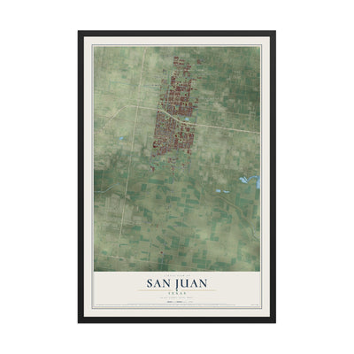 Map of San Juan, Texas, 12 x 18 inch print in a black wood frame
