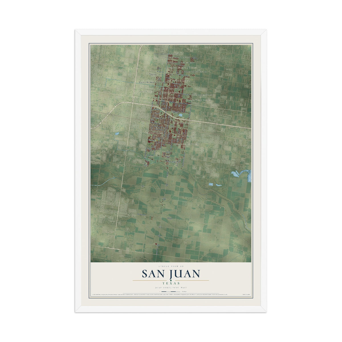 Map of San Juan, Texas, 12 x 18 inch print in a white wood frame