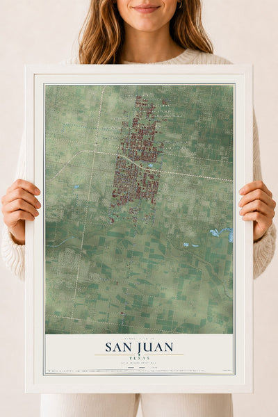 Map of San Juan, Texas, 18 x 24 inch print in a white wood frame
