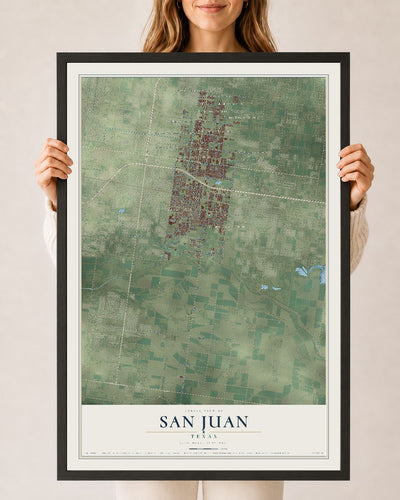 Map of San Juan, Texas, 24 x 36 inch print in a black wood frame