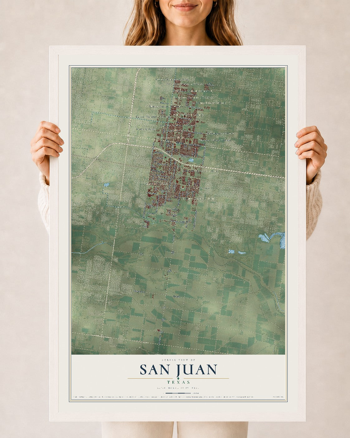 Map of San Juan, Texas, 24 x 36 inch print in a white wood frame