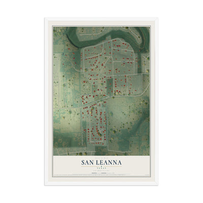 Map of San Leanna, Texas, 12 x 18 inch print in a white wood frame