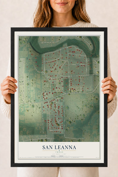 Map of San Leanna, Texas, 18 x 24 inch print in a black wood frame