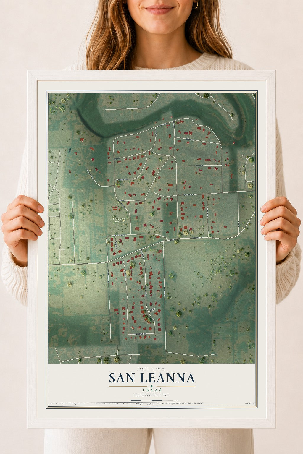 Map of San Leanna, Texas, 18 x 24 inch print in a white wood frame
