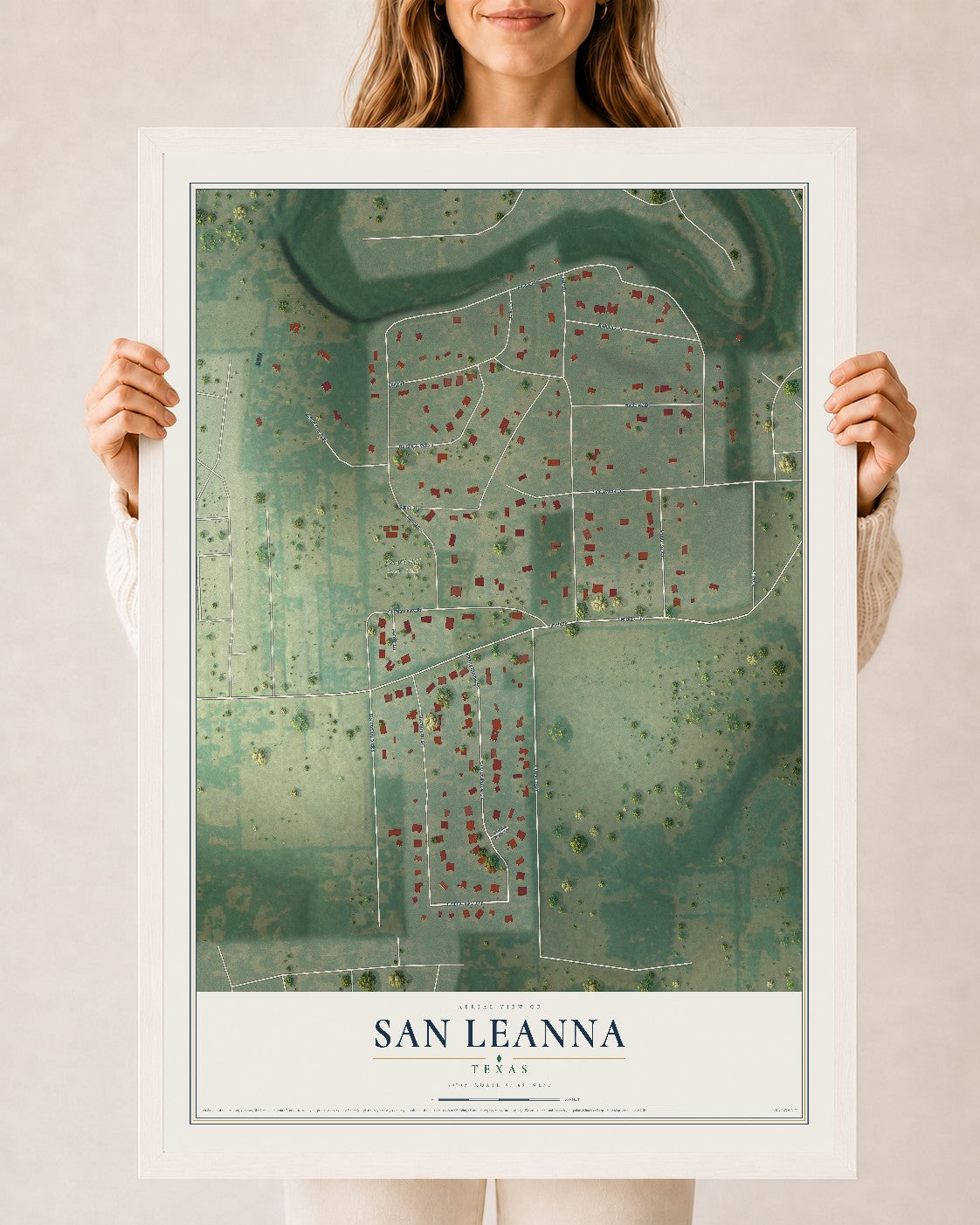 Map of San Leanna, Texas, 24 x 36 inch print in a white wood frame
