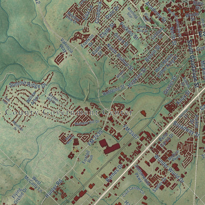 Close-up of the map of San Marcos, Texas print showing street and building detail