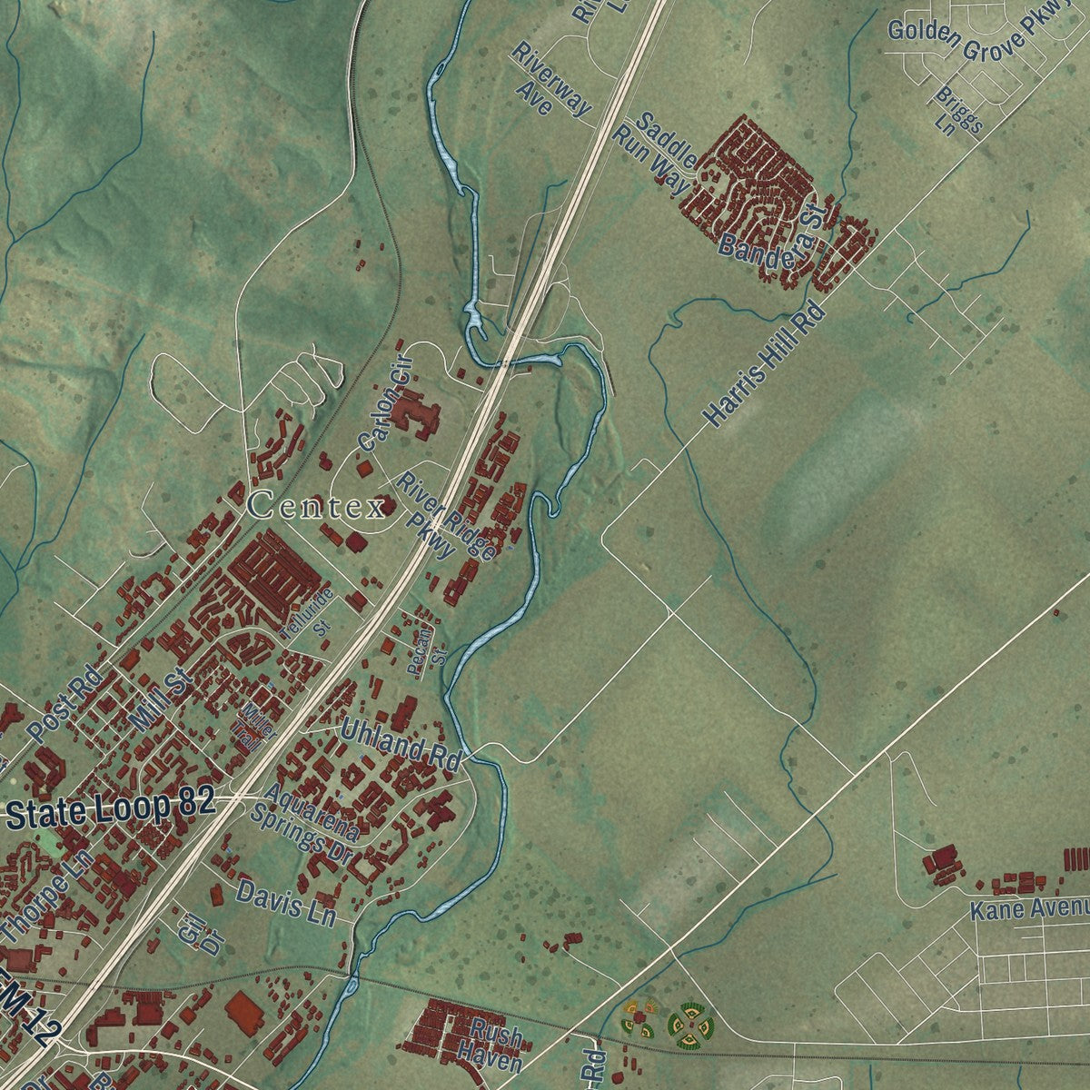 Second close-up of the map of San Marcos, Texas print showing more streets and buildings