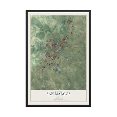 Map of San Marcos, Texas, 12 x 18 inch print in a black wood frame