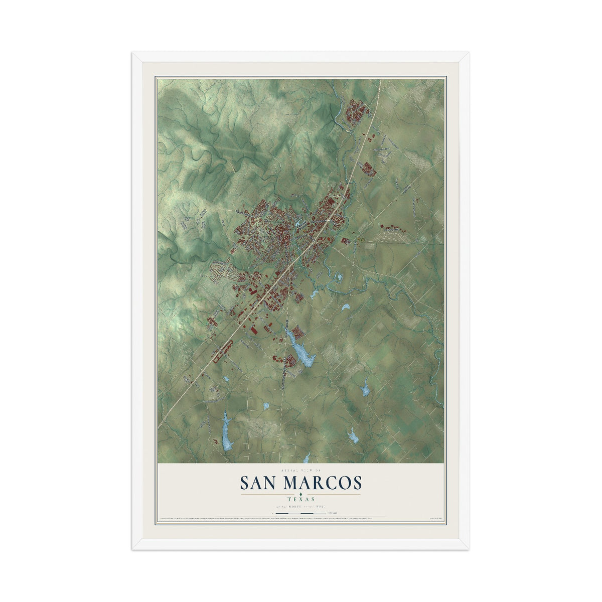 Map of San Marcos, Texas, 12 x 18 inch print in a white wood frame