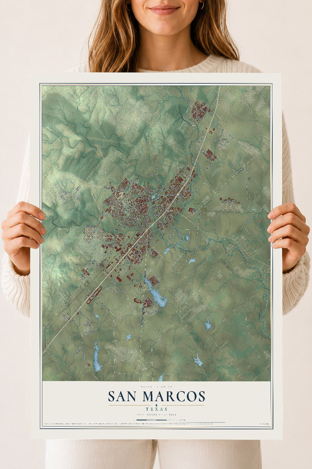 Map of San Marcos, Texas, 18 x 24 inch unframed archival matte print