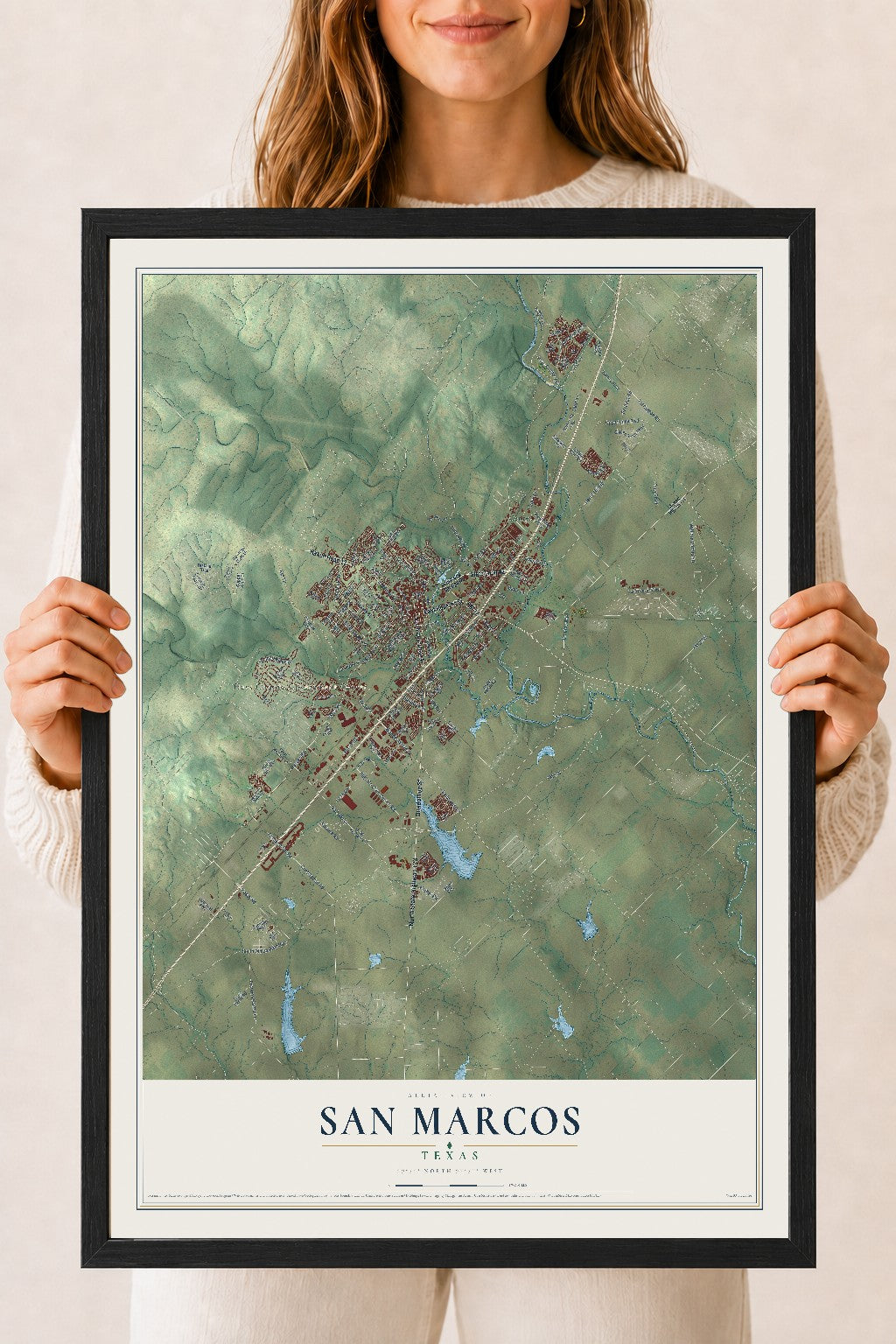 Map of San Marcos, Texas, 18 x 24 inch print in a black wood frame