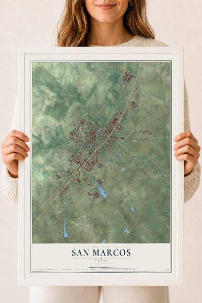Map of San Marcos, Texas, 18 x 24 inch print in a white wood frame