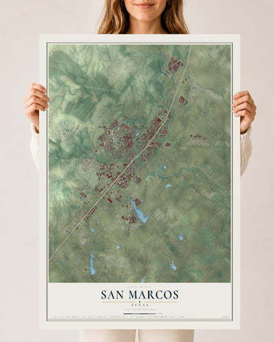 Map of San Marcos, Texas, 24 x 36 inch unframed archival matte print