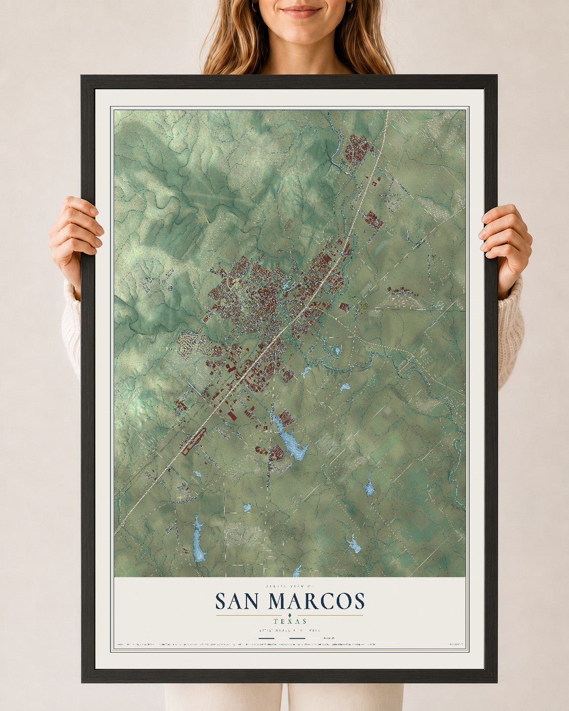 Map of San Marcos, Texas, 24 x 36 inch print in a black wood frame