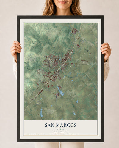 Map of San Marcos, Texas, 24 x 36 inch print in a black wood frame