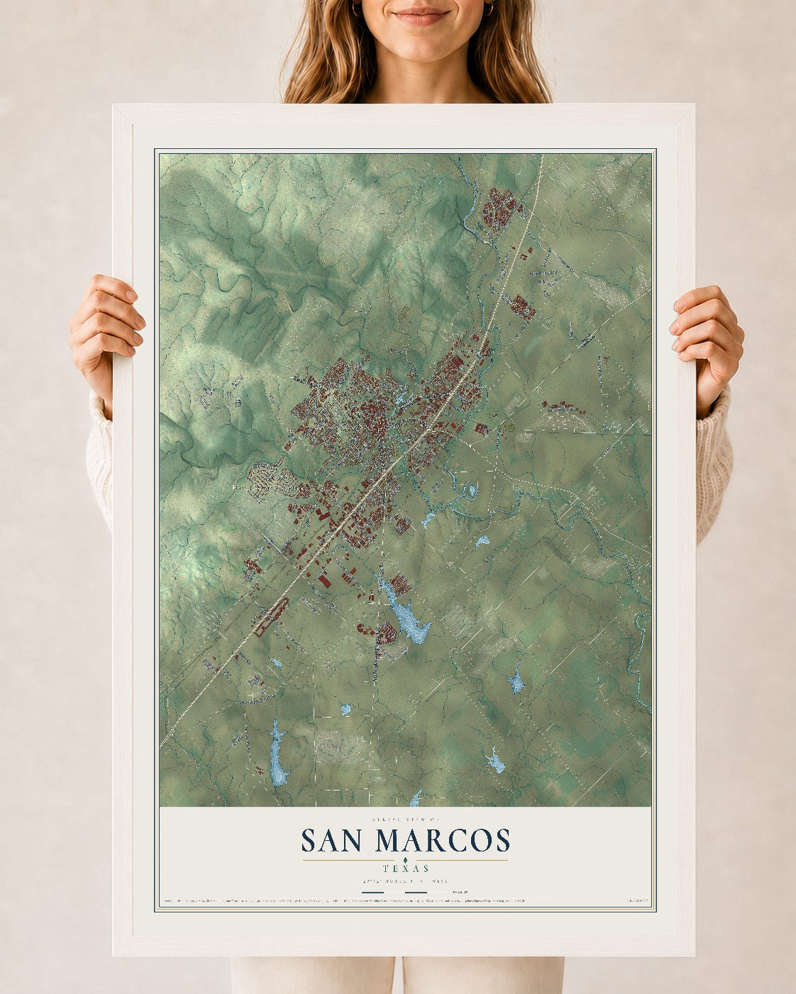 Map of San Marcos, Texas, 24 x 36 inch print in a white wood frame