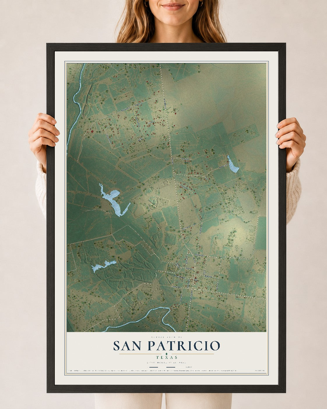 Map of San Patricio, Texas, 24 x 36 inch print in a black wood frame