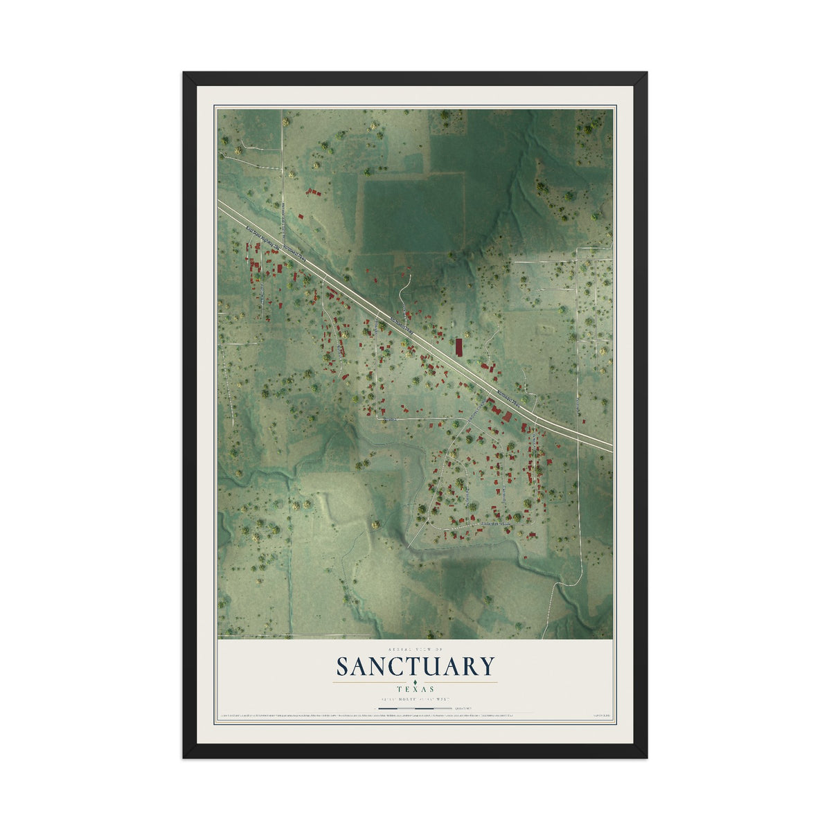 Map of Sanctuary, Texas, 12 x 18 inch print in a black wood frame