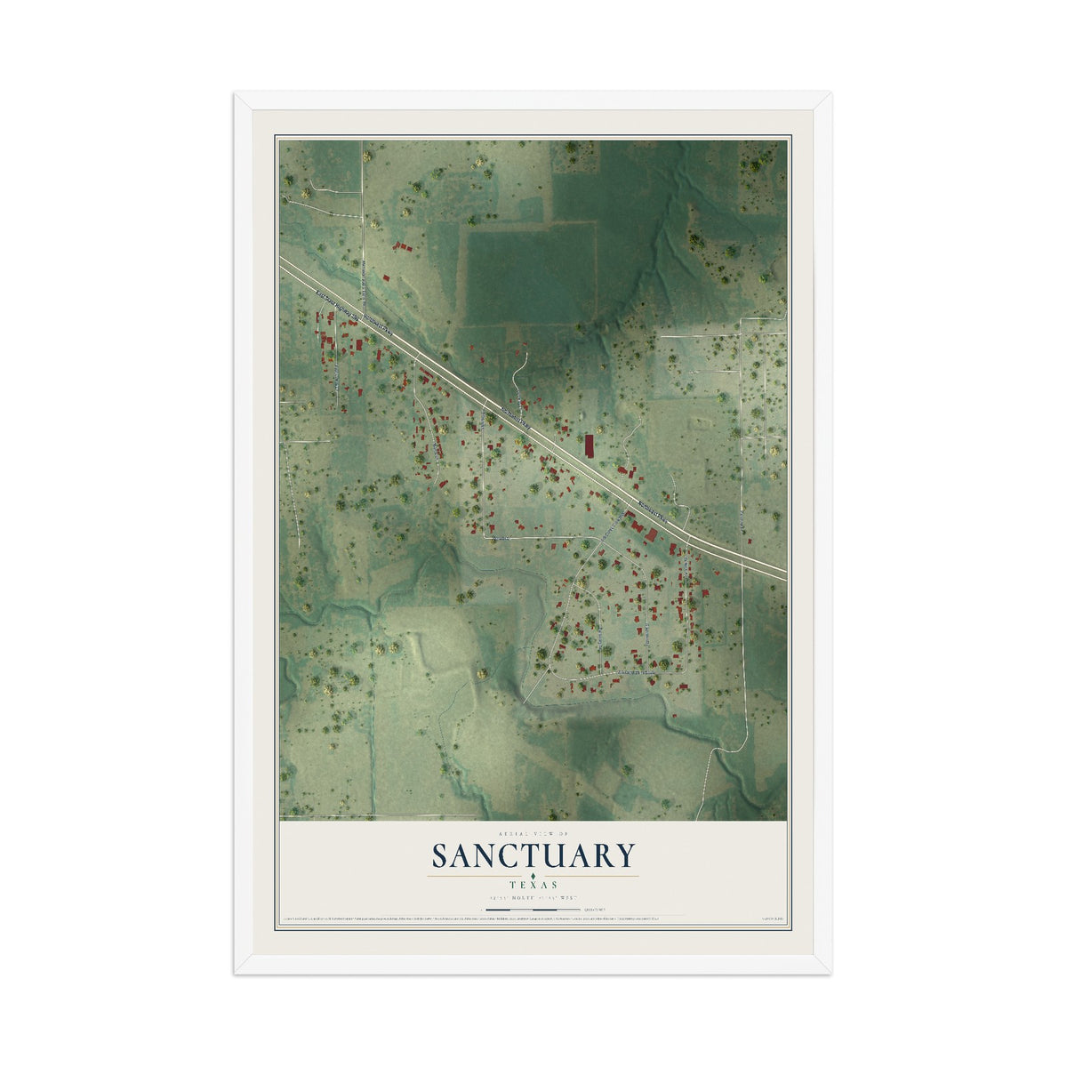 Map of Sanctuary, Texas, 12 x 18 inch print in a white wood frame