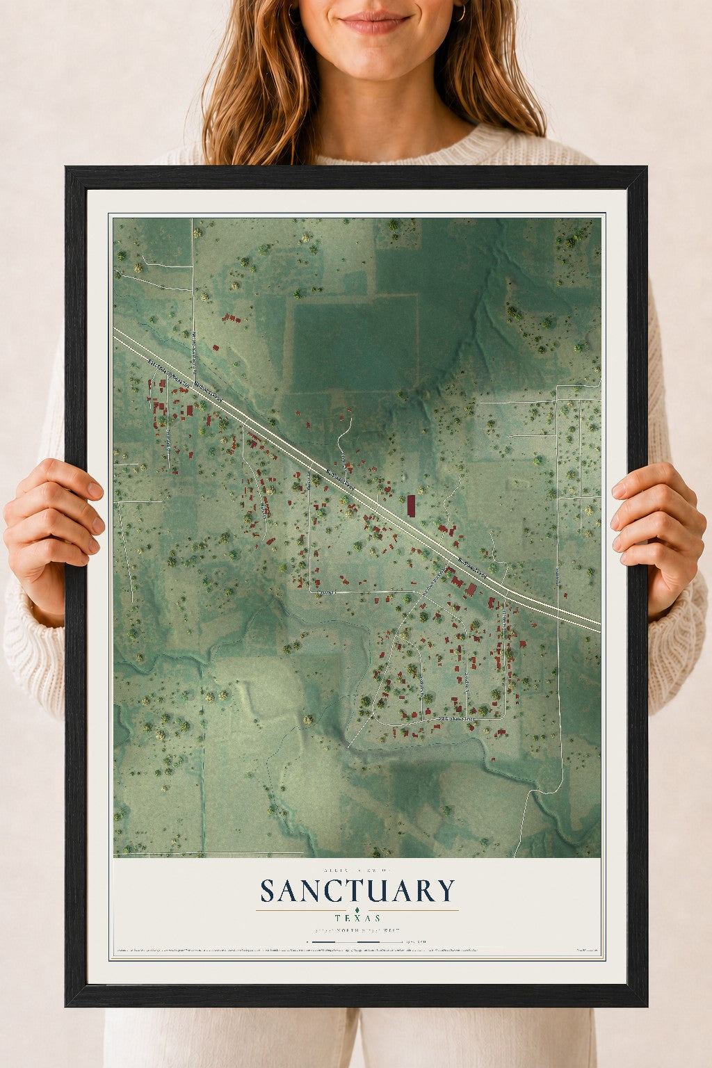 Map of Sanctuary, Texas, 18 x 24 inch print in a black wood frame