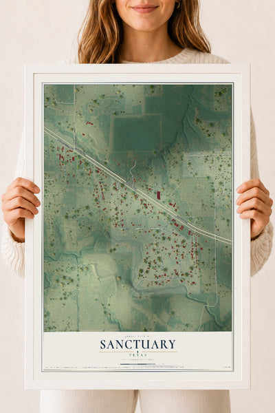 Map of Sanctuary, Texas, 18 x 24 inch print in a white wood frame