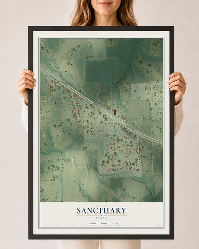 Map of Sanctuary, Texas, 24 x 36 inch print in a black wood frame